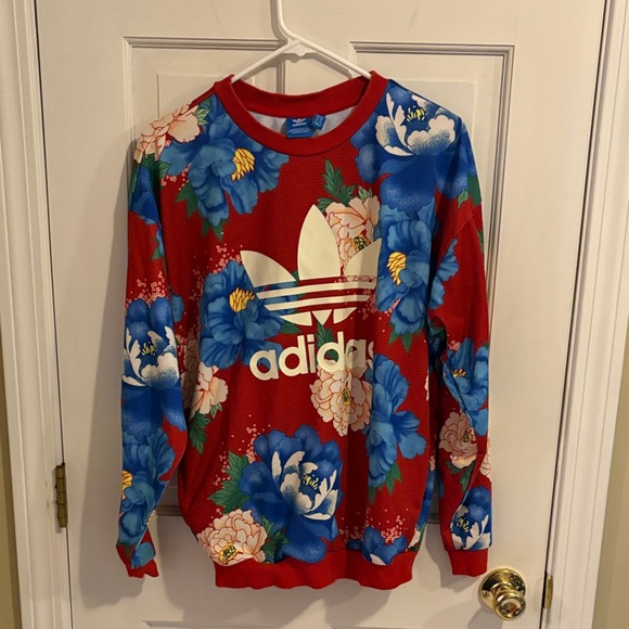 adidas Tops - Adidas Red Sweatshirt with Blue Floral Design baggy in like new condition 8